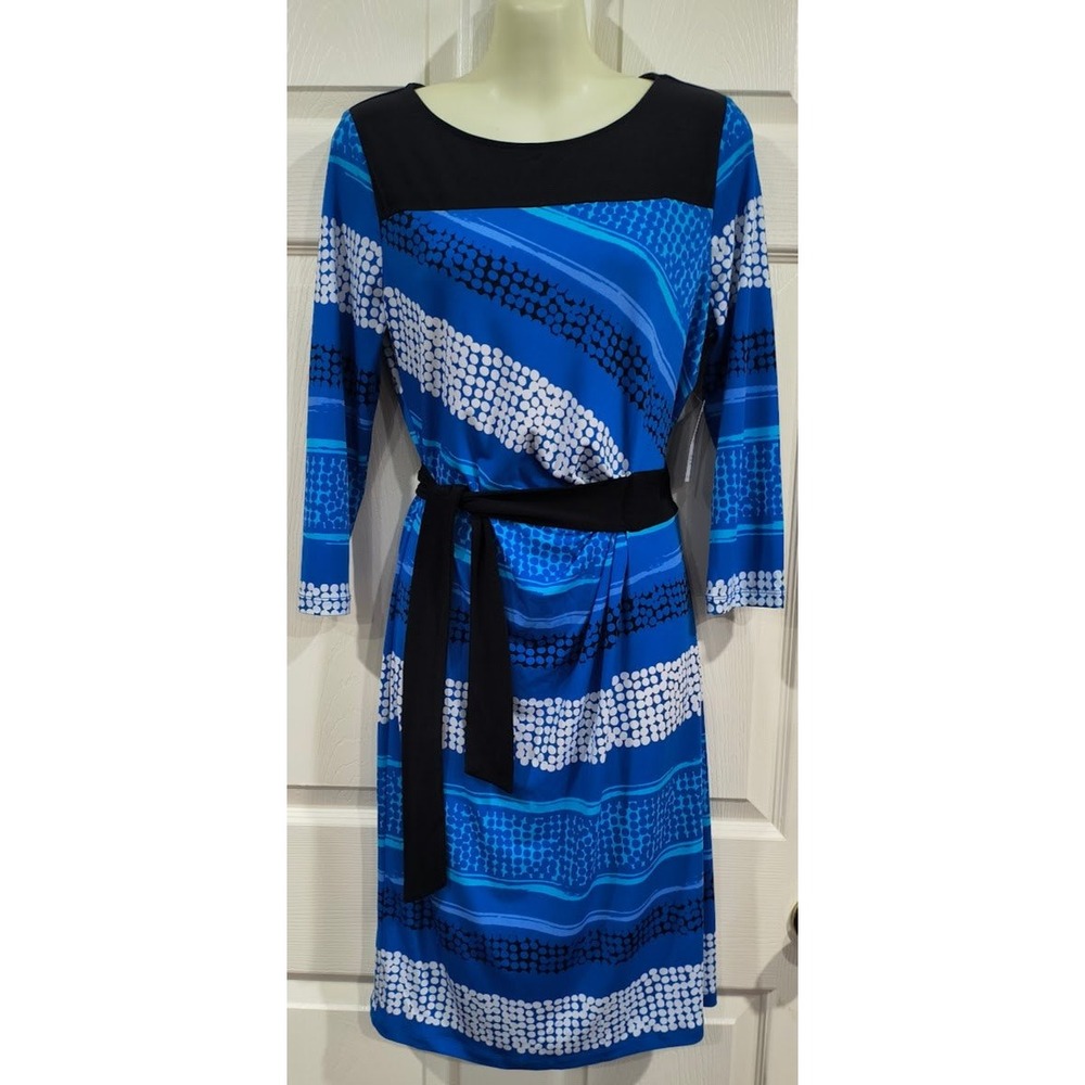 New York & Company Stretch Blue Geometric Dot Tie Waist Dress Small NWT